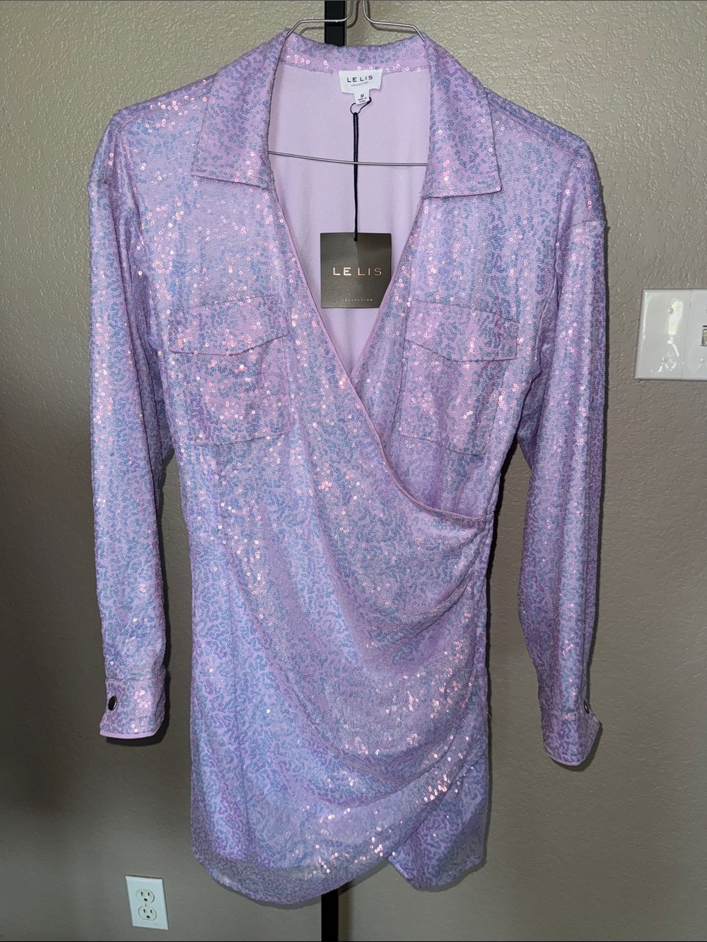 Le Lis Lavender Sequin Wrap-Style Mini Dress Medium NWT